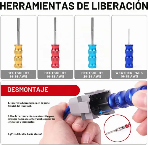 Vista 4 de Kit de herramienta de crimpado Knoweasy para conectores Deutsch DT: Crimpador de barril cerrado y barril abierto, herramienta de extracción