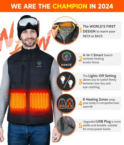 Vista 2 de DOACE Chaleco térmico mejorado para hombres y mujeres, chaleco de calefacción eléctrica inteligente, chaqueta térmica ligera (batería no incluida)