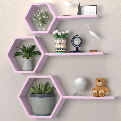 Vista 7 de Estantes hexagonales flotantes geométricos de panal – Estantes flotantes hexagonales montados en la pared, estantes de pared de panal juego de 6