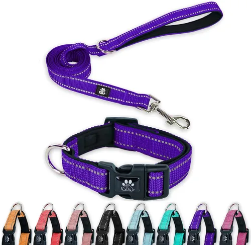 Vista 9 de FURRYFECTION Juego de collar y correa reflectante para perro con hebilla de liberación rápida, neopreno acolchado de nylon ajustable para perros
