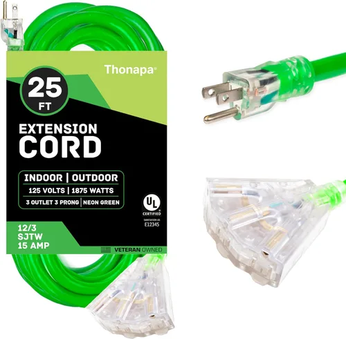 Vista 8 de THONAPA SJTOW - Cable de extensión resistente de 25 pies con 3 tomas, resistente al aceite, calibre 12, con múltiples tomas de corriente de 3 Negro