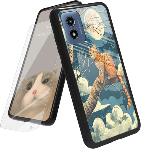Vista 160 de Funda para Motorola Moto G Play 4G 2024 con protector de pantalla, parte trasera de vidrio templado + funda de silicona suave TPU absorción