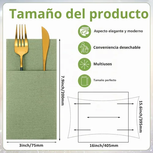 Vista 2 de Seajan 35 servilletas de lino de bolsillo, servilletas desechables de papel airlaid preplegadas con bolsillo integrado para cubiertos para Verde