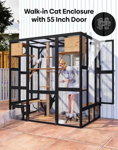 Vista 4 de Cerca exterior Katio para gatos, Katio al aire libre de entrada amplia con acceso a ventana, Katio montado en la pared para múltiples gatos con casa