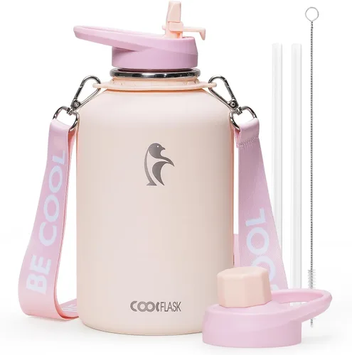 Vista 35 de Botella de agua Coolflask de 40 onzas con correa, botella de agua metálica aislada con popote y tapas con pico, acero inoxidable de doble pared al