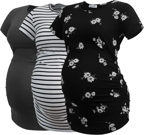 Vista 21 de Smallshow - Camiseta de maternidad para mujer, lados fruncidos, tipo túnica, prendas para el embarazo Verde militar-negro-gris profundo