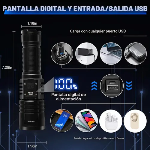 Vista 3 de Linternas LED Recargables de Alto Lúmenes, Linterna de 10000mAh de Alta Potencia Impermeable Más Brillante Linterna Zoomable con Foco