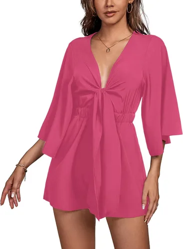 Vista 5 de LYANER Mono de mujer con cuello en V profundo, nudo de media manga