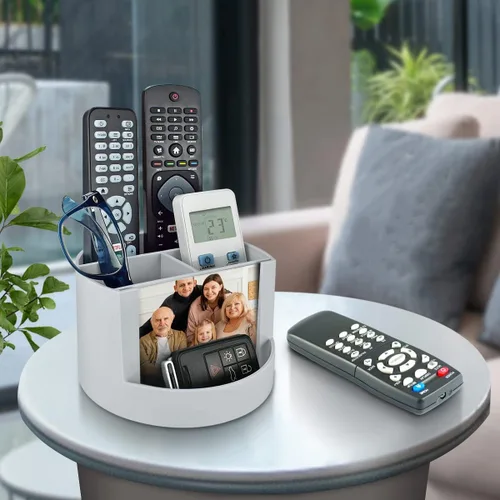 Vista 6 de Acrimet Organizador de escritorio compacto, 4 ranuras espaciosas, soporte redondo para lápices y accesorios con ranura para fotos, ideal