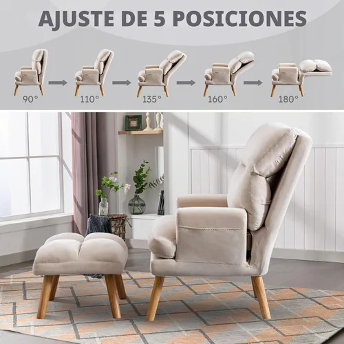 Vista 3 de IOMOR Silla Accent con otomano, silla de lectura cómoda, sillón con respaldo ajustable y bolsillos laterales, sofá de tela suave de ocio para Beige