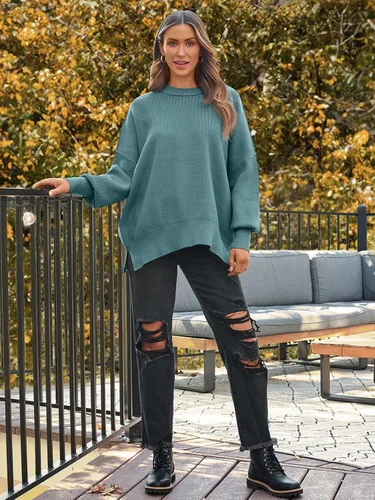 Vista 36 de Lillusory - Suéter extragrande con mangas de murciélago y cuello redondo para mujer, prenda moderna de otoño de tejido de punto sin botones