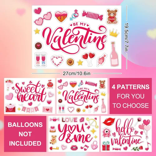 Vista 8 de Whaline 16 calcomanías de globos de Bobo para el día de San Valentín, diseño surtido de globos rosados, calcomanías decorativas de letras de corazón