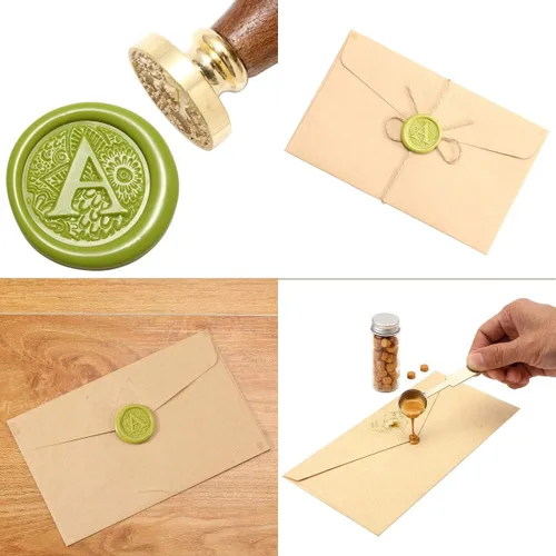 Vista 7 de Yoption - Sello de cera con letra A, cabeza de latón, alfabeto botánico, sello de sellado inicial con mango de madera