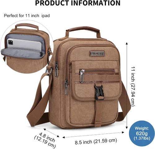 Vista 7 de WITZMAN Bolso cruzado para hombre, bolso de mensajero de lona, bolso vintage para hombre, bolso pequeño casual para el trabajo y viajes, Marrón