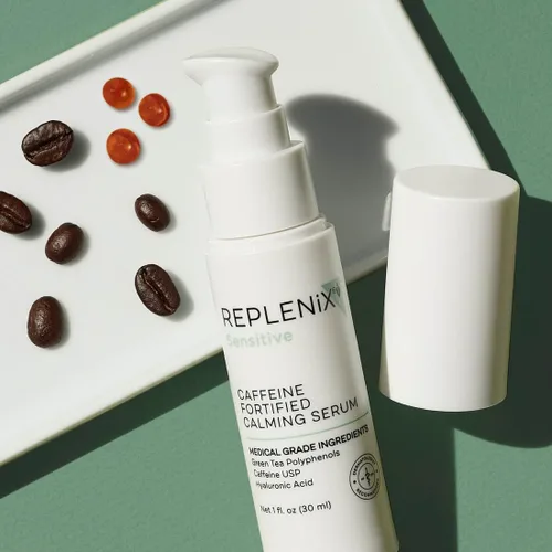 Vista 8 de Replenix Suero facial calmante fortificado con cafeína de grado médico con ácido hialurónico para pieles sensibles (1 onza líquida)