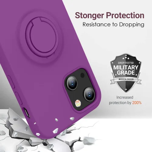 Vista 6 de MOCCA Funda compatible con iPhone 13 de 6.1 pulgadas con soporte de anillo Silicona líquida Forro de microfibra Funda protectora antiarañazos