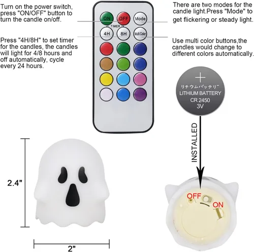 Vista 2 de Wondise Velas parpadeantes sin llama de Halloween con control remoto y temporizador, velas de té que cambian de color, velas LED espeluznantes