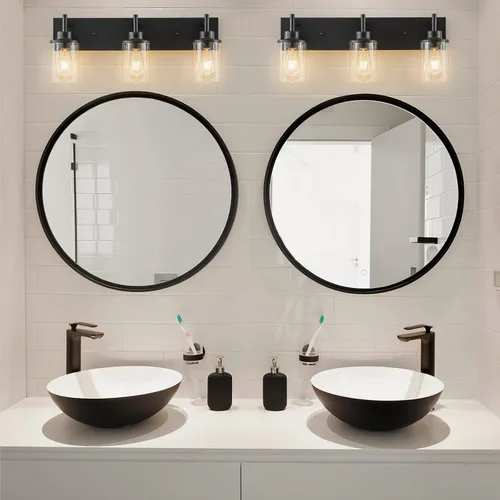 Vista 2 de GoYeel Accesorios de iluminación de tocador, aplique de pared negro mate de 3 luces negras con pantalla de vidrio transparente para dormitorio