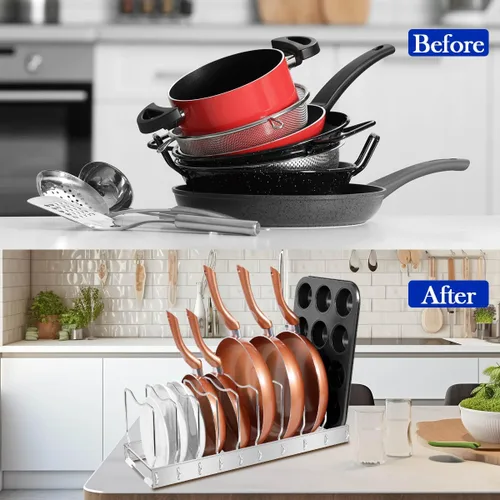 Vista 5 de Organizador de tapa para ollas, organizador de ollas y sartenes desmontable y ajustable, para almacenamiento de gabinetes de cocina, ollas