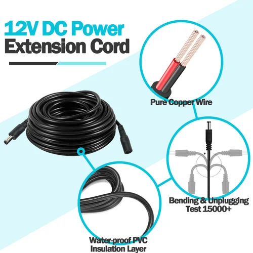 Vista 6 de 2PCS 16FT (16.4 ft) 12V DC Cable de extensión de alimentación Negro