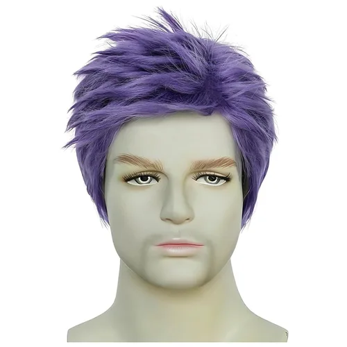 Vista 6 de Peluca morada para hombre, corta, recta, en capas, peluca morada, resistente al calor, reemplazo de cabello sintético Púrpura