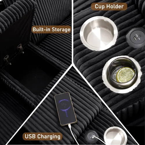 Vista 3 de Sofá seccional en forma de U de 132 pulgadas, mullido y afelpado de pana de 4 asientos, sofás seccionales color negro para sala de estar, cómodo