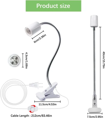 Vista 2 de Lámpara de calor para reptiles, 360 de cerámica E27/E26 Clip de luz con cable de 6.96 pies con interruptor regulable para lectura, cultivo