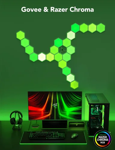 Vista 5 de Paneles de luz Govee Glide Hexa, luces de pared LED hexagonales RGBIC, luces de pared creativas Wi-Fi para el hogar inteligente con sincronización