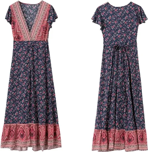 Vista 7 de Vestido R.Vivimos, largo y holgado, con abertura, moño en la cintura, de verano, manga corta, con estampado floral, de playa, bohemio, para mujer