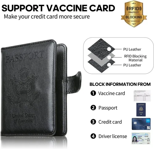 Vista 3 de MCmolis Combo de tarjetero para pasaporte y vacunas, funda de cuero con bloqueo RFID, protector organizador de documentos de viaje con ranura