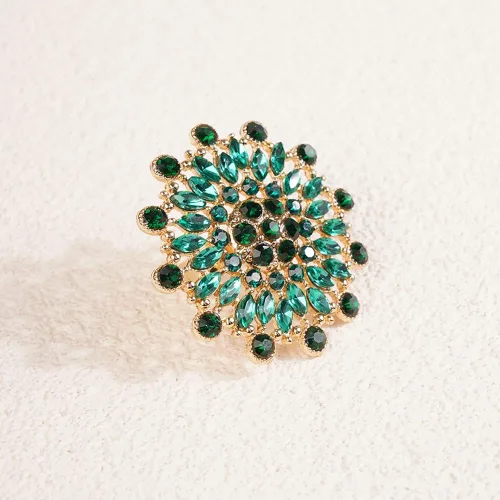 Vista 5 de Jumwrit Anillo redondo grande, anillo de flor de diamantes de imitación verde, anillo de banda de envoltura abierta, anillo de dedo ajustable