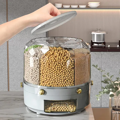 Vista 2 de Contenedor de almacenamiento de granos, caja dispensadora de arroz giratoria, dispensador de granos de 6 rejillas, dispensador de alimentos