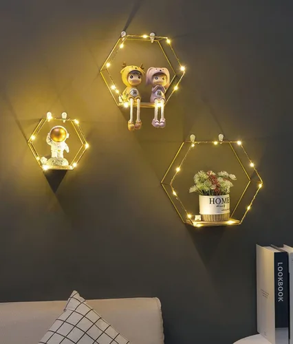 Vista 2 de Liywall - Estantes flotantes hexagonales, decoración de pared, alambre de metal dorado y estante de almacenamiento montado en la pared de madera