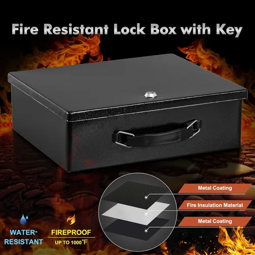 Vista 5 de KYODOLED Caja de documentos ignífuga con cerradura de llave, caja de almacenamiento grande para objetos de valor, caja de seguridad para pasaporte