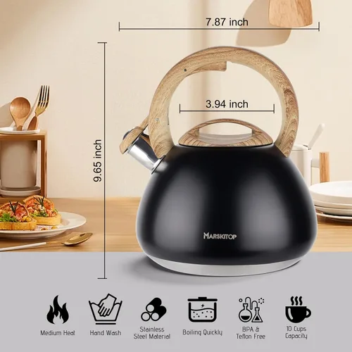 Vista 2 de MARSKITOP Tetera para estufa, tetera silbante para estufa, tetera de acero inoxidable de grado alimenticio con mango ergonómico Cool Touch, 2.6 Negro