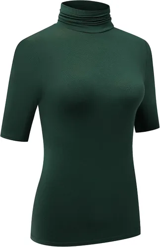 Vista 3 de OThread & Co. Camiseta de cuello alto de media manga para mujer, capa elástica básica, cómoda, cuello alto
