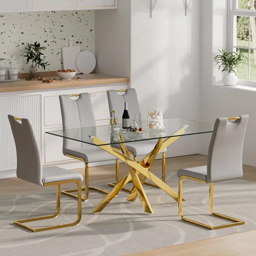 Vista 9 de Juego de mesa de comedor de cristal para 4, juego de mesa de cocina moderno de 5 piezas 52''Rectangular Glass Dining Set with 4 PU Leather