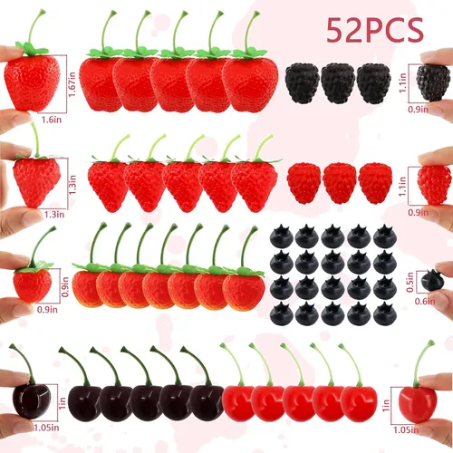 Vista 2 de 52 piezas de frutas artificiales falsas, incluye fresas falsas, arándanos falsos, frambuesas falsas, cerezas falsas, reutilizables, impermeables