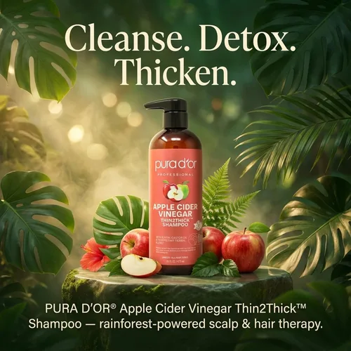 Vista 2 de PURA D'OR Champú Thin2Thick de vinagre de sidra de manzana, biotina, aceite de ricino para reducir el encrespamiento, puntas abiertas, aclarar