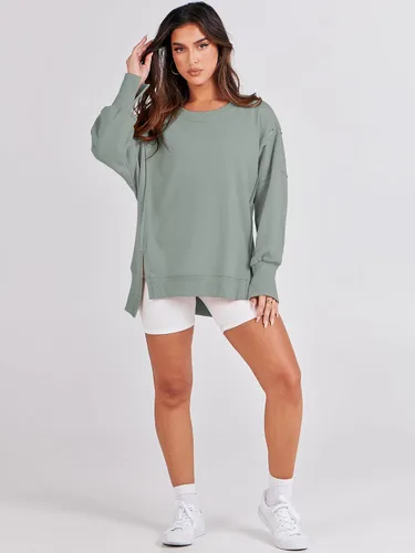 Vista 7 de ANRABESS Sudadera de gran tamaño para mujer, cuello redondo, manga larga, casual, con abertura, sin botones, ropa de otoño