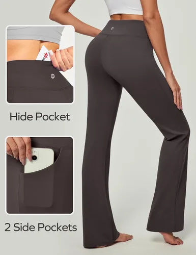 Vista 2 de Ewedoos Pantalones de yoga para mujer, de cintura alta, con 3 bolsillos, corte de bota, pantalones de yoga, pantalones de yoga elásticos