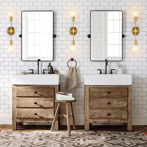 Vista 9 de Aplique de pared de latón cepillado, 2 luces, tocador de baño, lámpara de pared industrial moderna para montaje en pared, accesorio de iluminación