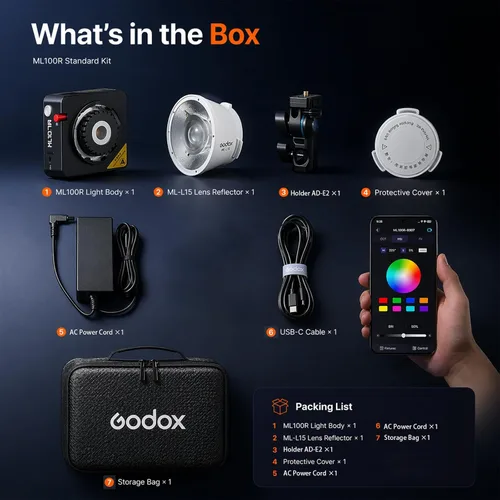 Vista 9 de Godox ML100R 110W RGB LED luz de video, con reflector intercambiable de 15°/1800-10000K CCT/14 efectos FX cinematográficos/múltiples opciones