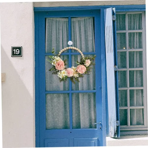 Vista 3 de Guirnalda decorativa multiusos de primavera, corona floral de cuentas de madera, flor artificial con hojas de eucalipto, aro colgante para boda