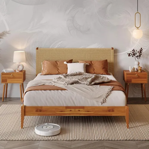 Vista 16 de Bme Dinkee - Marco de cama de plataforma Queen de madera de 15 pulgadas, marco de cama de madera maciza, estilo moderno y minimalista, soporte de 12