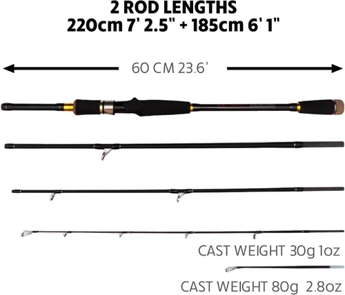 Vista 4 de Rigged and Ready Predator Series Spin & Baitcast Travel Fishing Rods. Unique Spin Cast Micro Trigger. Compact Hi-Carbon Rods. 4 Rod Sections, 2