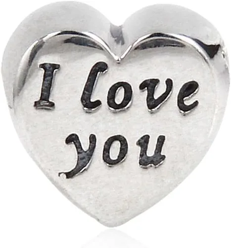 Vista 2 de Abalorio con dije de corazón de plata de ley 925 con texto en inglés "I Love You" para pulsera Pandora, Plata esterlina, plata de ley