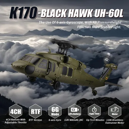 Vista 2 de Modelo de helicóptero WL K170 RC, BK Hawk UH-60L 170 tamaño 4CH Flybarless helicóptero con acelerador ajustable izquierdo y derecho (versión RTF)