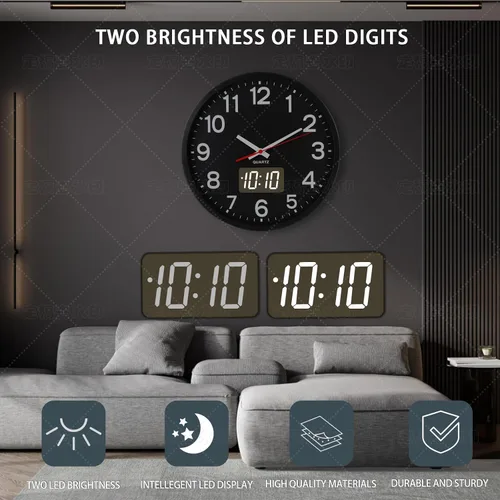Vista 11 de Reloj de pared analógico de 12 pulgadas, silencioso, sin tictac, reloj de pared grande de cuarzo con LED nocturno, reloj de pared decorativo a