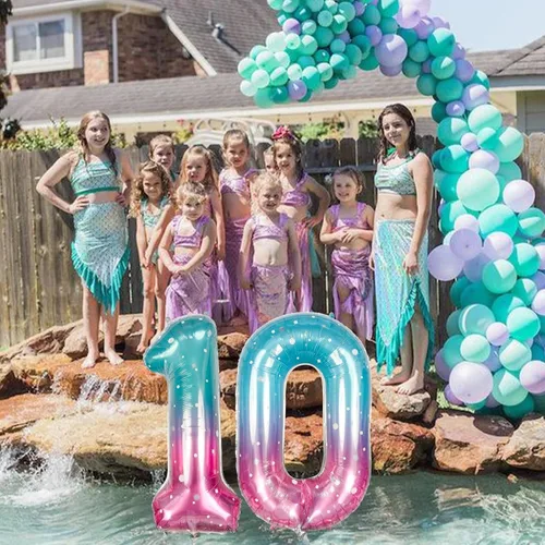 Vista 7 de Globos de Sirena Número 0 de 40 Pulgadas, Juego de Globos de Números Grandes Morado Verde Azulado Arcoíris 0-9, Globos de Números de Papel